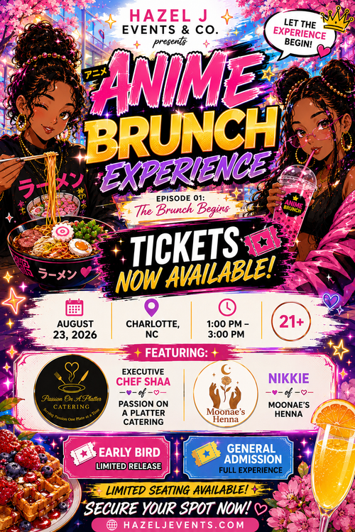 Promotional poster for Anime Brunch Experience event with anime-style graphics and text.